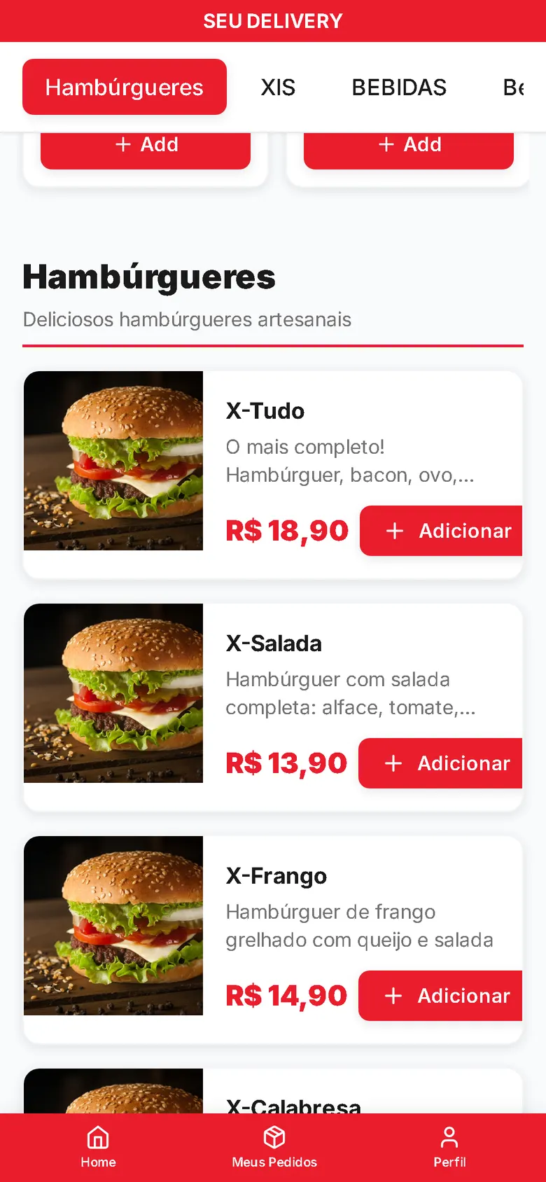 Cardápio digital no celular com produtos